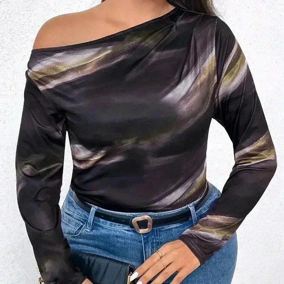 multicolor Casual Women's Plus Size Tie Dye Asymmetrical neck Shirt - Picture 3 of 6